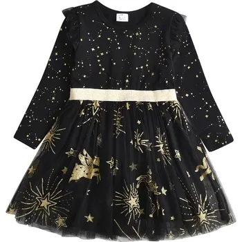 Dívčí šaty Čína Dívčí sváteční zlato-černé šatičky se síťovanou sukní - hvězdy Velikost: 128/8T