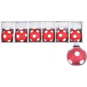 Vánoční dekorace Sada skleněných baněk červených s bílým puntíkem 4 cm, 6 ks