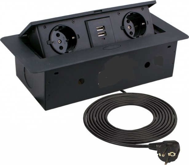 ILLUMAXX výklopná elektrická zásuvka 2x230 V 2xUSB vestavná černá s kabelem 2 m, oblé hrany SCHUKO ((výklopné zásuvkové moduly))