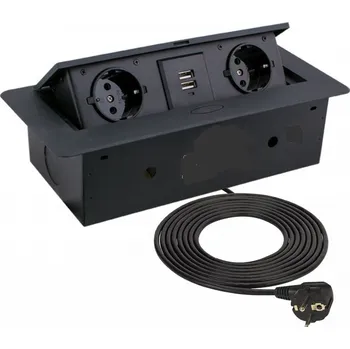 Elektrická zásuvka Výklopná elektrická zásuvka 2x230V+2xUSB vestavná černá s kabelem 2,0m , oblé hrany SCHUKO ((výklopné zásuvkové moduly))