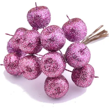 umělá květina Canea Jablíčka na drátku s glitry 12ks- fuchsia