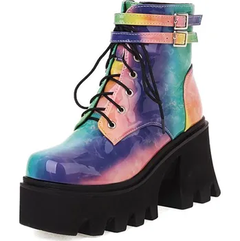 Dámské kozačky Barevné kotníkové boty na platformě chunky Barva: Modrá, Velikost: 34