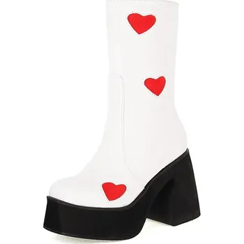 Dámské polobotky Kožené polokozačky chunky na podpatku se srdíčky Velikost: 39, Barva (Varianta): Bílá - červené srdce