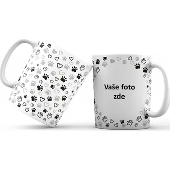 Hrneček s vlastní fotkou a tlapkami se srdíčky okolo (CELOPOTISK) - 330ml bílý Barva: Šedá