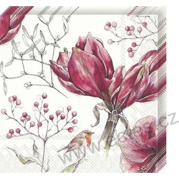 Papírový ubrousek IHR WINTER AMARYLLIS papírové dezertní ubrousky rozkvetlé růžové květy amarylky 20 ks