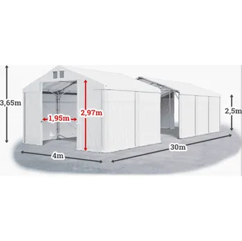 Zahradní stan Skladový stan 4x30x2,5m střecha PVC 560g/m2 boky PVC 500g/m2 konstrukce POLÁRNÍ PLUS Bílá Bílá Bílá