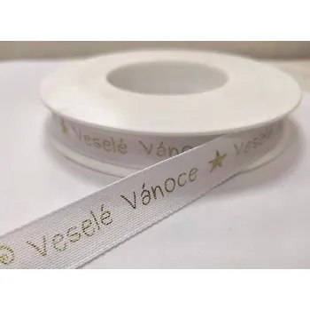 Stuha Stuha látková Veselé Vánoce - bílo - zlatá - 25 mm/1 m