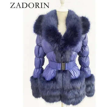 Dámská parka Zimní péřová bunda luxusní s prošíváním a kožíškem Velikost: M, Barva (Varianta): Safírová