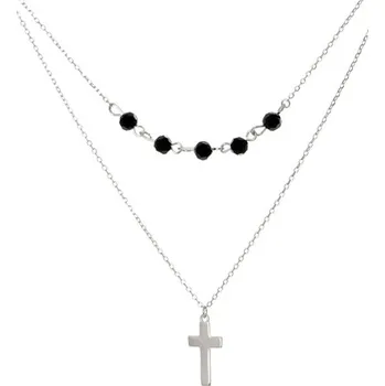 Náhrdelník Dvojitý stříbrný náhrdelník s křížkem a korálky STNAH103F