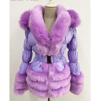 Dámská parka Zimní péřová bunda luxusní s prošíváním a kožíškem Velikost: L, Barva (Varianta): Fialová