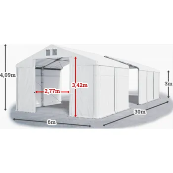 Zahradní stan Skladový stan 6x30x3m střecha PVC 620g/m2 boky PVC 620g/m2 konstrukce ZIMA PLUS Bílá Bílá Bílá
