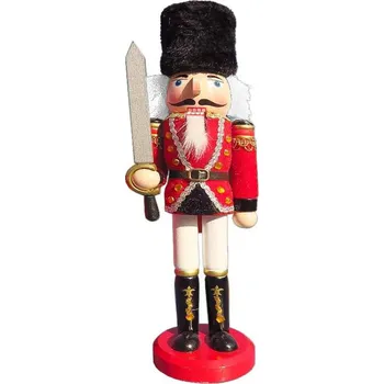 Vánoční dekorace Louskáček voják s medvědí čepicí 31cm (Dřevěná vánoční figurka krušnohorského louskáčku na ořechy)