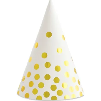 Party dekorace Bílé papírové čepice, zlaté puntíky, 6 ks