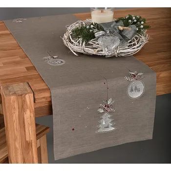 Vánoční dekorace Vánoční dekorační šál 40 x 140 cm - světle hnědý s ozdobami