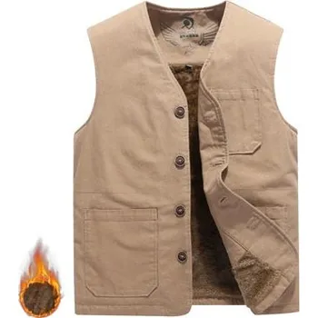 Pánská móda Bavlněná pánská vesta na knoflíky s teplou fleecovou podšívkou Barva: Khaki, Velikost: L