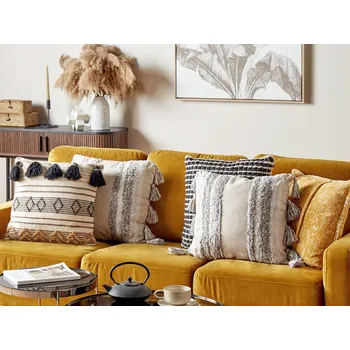 Dekorativní polštářek Dekorativní polštář bílý šedý bavlněný 45 x 45 cm se střapci pruhovaný Beliani