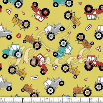 Zakázkový tisk, softshell, kočárkovina... Traktory a značky na žluté Látky k tisku: Microfirba