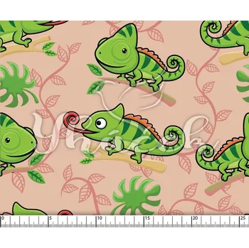 Zakázkový tisk, softshell, kočárkovina... Veselí chameleoni na růžové Látky k tisku: Microfirba