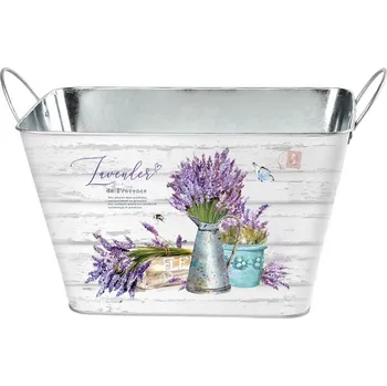 Květináč Plechový květináč hranatý s uchy Levandule, barevný 263x176x155mm 300 gram