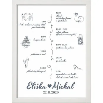 Svatební dekorace Svatební program s obrázky v rámu - 30x40 cm