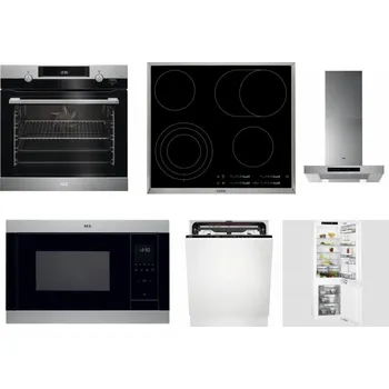 Set domácích spotřebičů AEG Mastery SteamBake BCK455350M + AEG Mastery DirectTouch HK654070XB + AEG Mastery DBB5660HM + AEG Mastery MSB2547D-M + AEG FSE74707P + AEG Mastery FlexiShelf SCE818D3LC