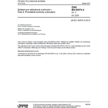 Technika ČSN EN 60974-4 ed. 3 - Zařízení pro obloukové svařování - Pravidelné kontroly a zkoušky