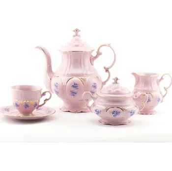 Leander Kávová souprava, modré květiny, růžový porcelán, Leander, 15 dílná