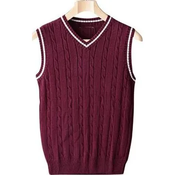 Pánská pletená vesta s výstřihem a copánkovými vzory Barva: Vínová, Velikost: L