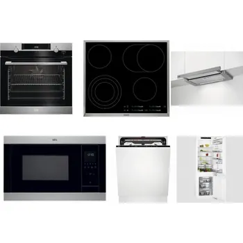 Set domácích spotřebičů AEG Mastery SteamBake BCK455350M + AEG Mastery DirectTouch HK654070XB + AEG DPE5660M + AEG Mastery MSB2547D-M + AEG FSE74707P + AEG Mastery FlexiShelf SCE818D3LC