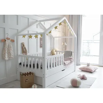 Luletto Domečková postel HouseBed Plotek Plus 90x200 cm, Přírodní borovice (nelakováno), s úložným prostorem, výřez