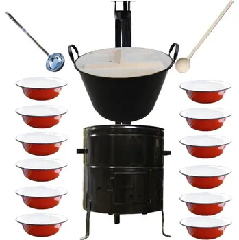 Kempingové nádobí Smaltovaný kotel 100 L s kovovou kotlinou 60 cm a se smaltovanými talíři 12 ks + dřevěná poklice, vařečka a naběračka BIG PARTY