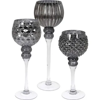 Svícen Skleněný svícen na nožičce sada 3ks, černá se stříbrnou