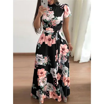 Dámské šaty Květované maxi šaty ve stylu vintage s páskem Velikost: 2XL, Barva (Varianta): short sleeve Black