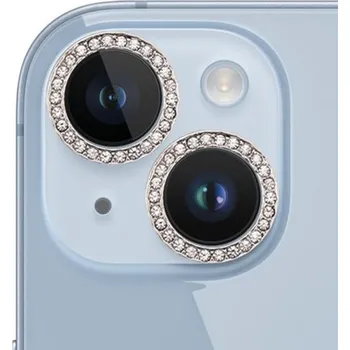 Tvrzená skla posázená kamínky k ochraně čoček zadního fotoaparátu pro iPhone 14 / 14 Plus - stříbrná