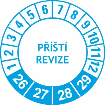 Samolepící etiketa Příští revize 2026-2029 samolepící vinylová fólie 40 mm aršík 10 kusů