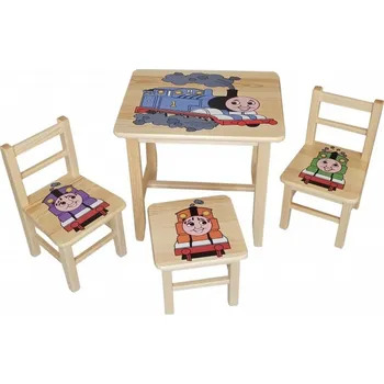 Jídelní set dětský stoleček a židličky z borovice Vláčky NR23 1S+2K+1T mixdre