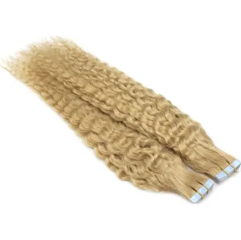 Příčesek 50cm Tape hair / pu extension / Tape IN lidské vlasy remy kudrnaté – přírodní blond