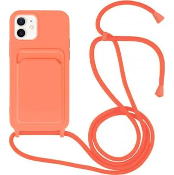 Pouzdro na mobilní telefon Silikonový kryt se šňůrkou a kapsou na karty pro iPhone 11 - neonově oranžový