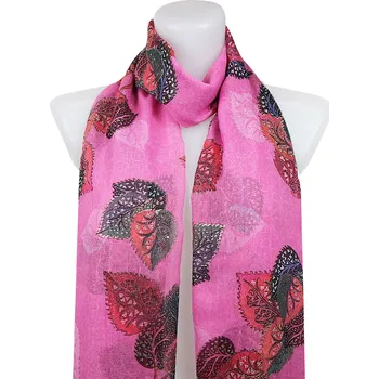 Šátek Dámský lehký obdélníkový šál 31104, zdobené lístky se zlatou nitkou - růžové barvy 7200598-4