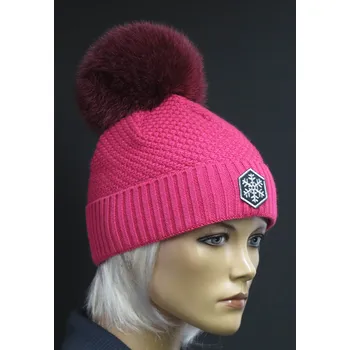 Čepice Dámská pletená čepice s kožešinovou bambulí R-Jet 0509 růžová