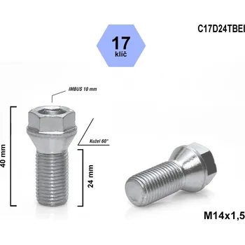 Šroubek na kolo Kolový šroub M14x1,5x24 kuželový s krátkou hlavou, klíč 17, C17D24TBEI, výška 40 mm