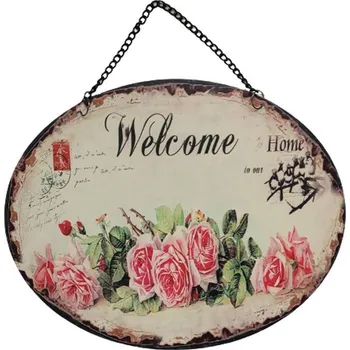 Plechová cedule Závěsná kovová cedule s růžemi a řetízkem Welcome - 25*20 cm