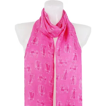 Šátek Dámský lehký obdélníkový šál 39501, kočičky - neonově růžové barvy 7200616-3
