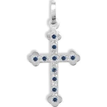 Přívěsek GEMMAX Original – garance kvality Přívěsek Křížek z bílého zlata s ruční rytinou a safírově modrými zirkony – zlatý šperk ryzosti 585/1000 v Dárkovém balení s Certifikátem GUPWR-13381