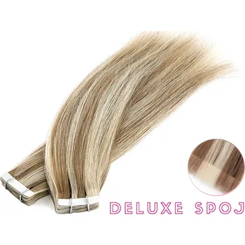 Příčesek Deluxe neviditelné vlasové PU pásky tape in na prodlužování vlasů 40cm 14/24 - tmavá blond / platinová extra
