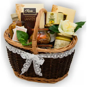 Dárkový potravinový koš Český koš Svatební košík se zlatým dekorováním