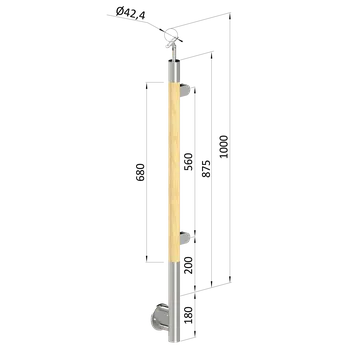 Zábradlí KOVIAN, s.r.o. Dřevěný sloup, boční kotvení, výplň: sklo, pravý, vrch nastavitelný (ø42 mm), materiál: buk, broušený povrch s nátěrem BORI (bezbarvý)