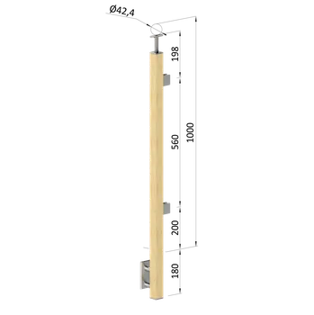 Zábradlí KOVIAN, s.r.o. dřevěný sloup, boční kotvení, výplň: sklo, koncový, pravý, vrch pevný (40x40mm), materiál: buk, broušený povrch s nátěrem BORI (bezbarvý)