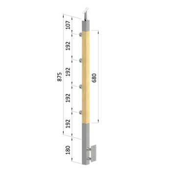 Zábradlí KOVIAN, s.r.o. Dřevěný sloup, boční kotvení, 4 řadový, průchozí, vnější, vrch nastavitelný (40x40 mm), materiál: buk, broušený povrch s nátěrem BORI (bezbarvý)
