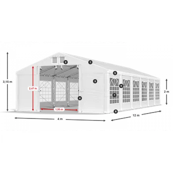 Zahradní stan Párty stan 4x12x2m střecha PVC 620g/m2 boky PVC 620g/m2 konstrukce ZIMA PLUS Šedá Bílá Zelená